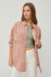 RISEN Women's Full Size Denim Button-Up Long Sleeve Shirt - Versatile & Classic